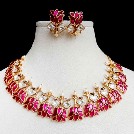 Handmade Brass Metal Jewellery Pink Lotus Necklace Set